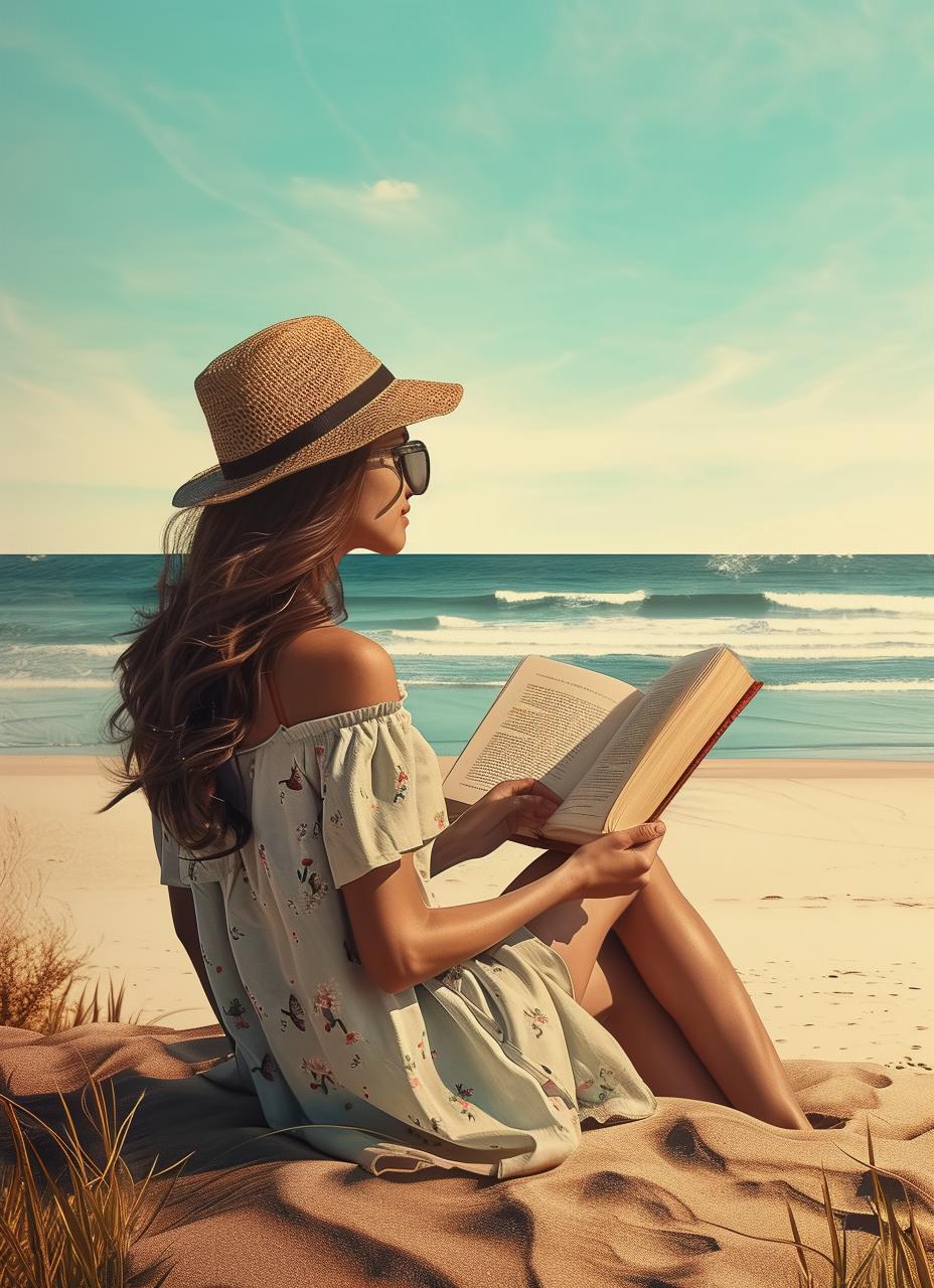 Frau am Meer lesend