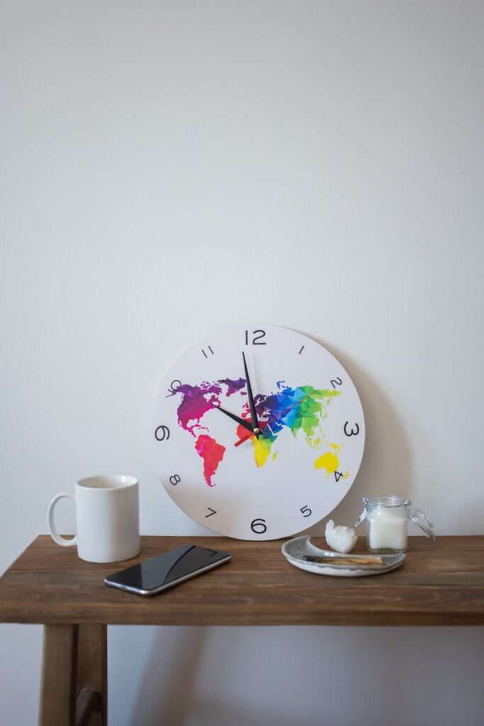 Last Minute - Uhr mit Weltkarte und Kaffeetasse