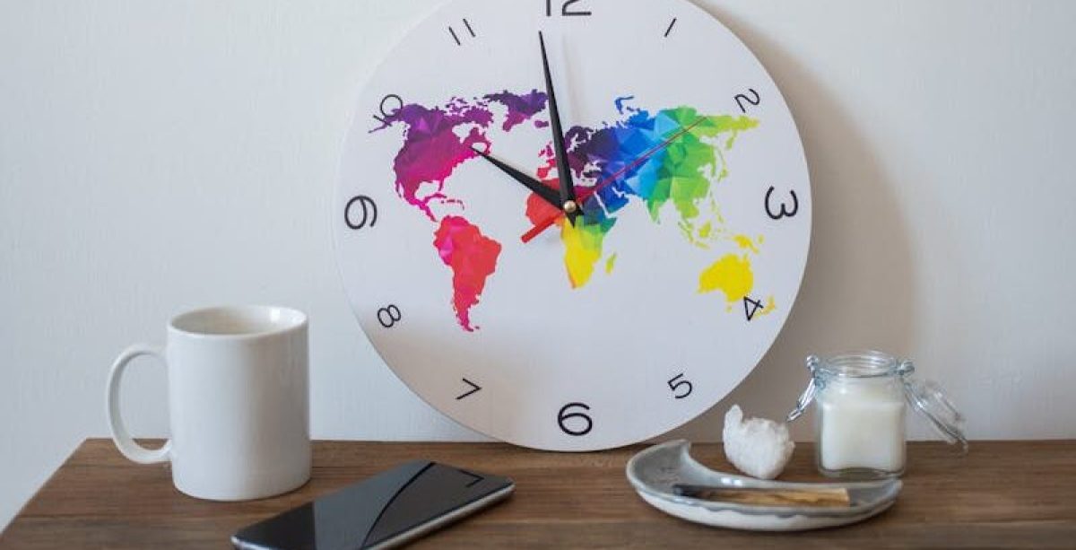 Last Minute - Uhr mit Weltkarte und Kaffeetasse
